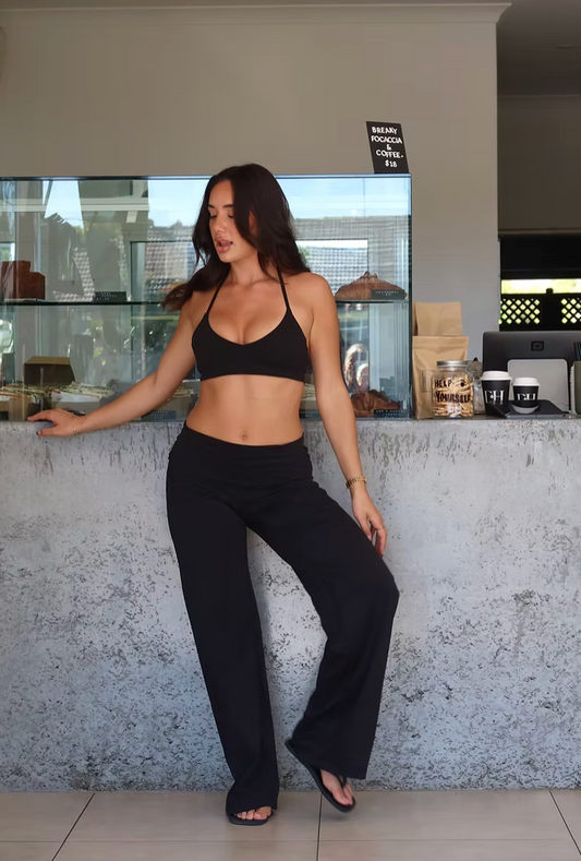 Core Fold Over Wide Leg Pants - Black